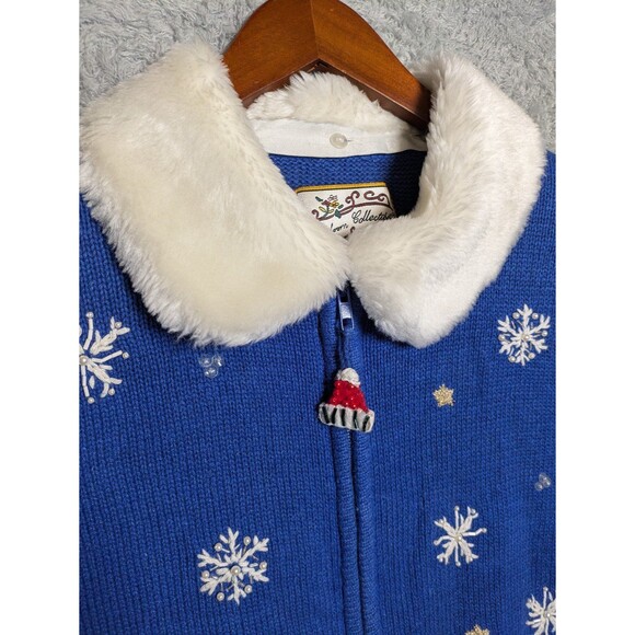 Heirloom Collections Blue Snowman Cardigan Sweater Faux Fur Collar Size Large - Picture 3 of 9